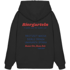 Schwarzer Oversize Hoodie mit großem Biergarteln Backprint in Rot und Blau sowie bayerischem Statement „A guade Zeit mit guade Leid“ – extra schwerer Premium Hoodie für Biergarten, Volksfest und moderne bayerische Streetwear von Grantler Gwand.