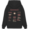 Schwarzer Oversize-Hoodie mit großem rotem Backprint „Bayerische Gmiatlichkeit“ und typischen bayerischen Begriffen wie Hoamatliebe, Biergarten, Volksfest, Grantler, Hopfen & Malz und Griabig. Unisex Premium-Hoodie aus Bio-Baumwolle im modernen Streetwear-Style. Designed und bedruckt in Bayern von Grantler Gwand.