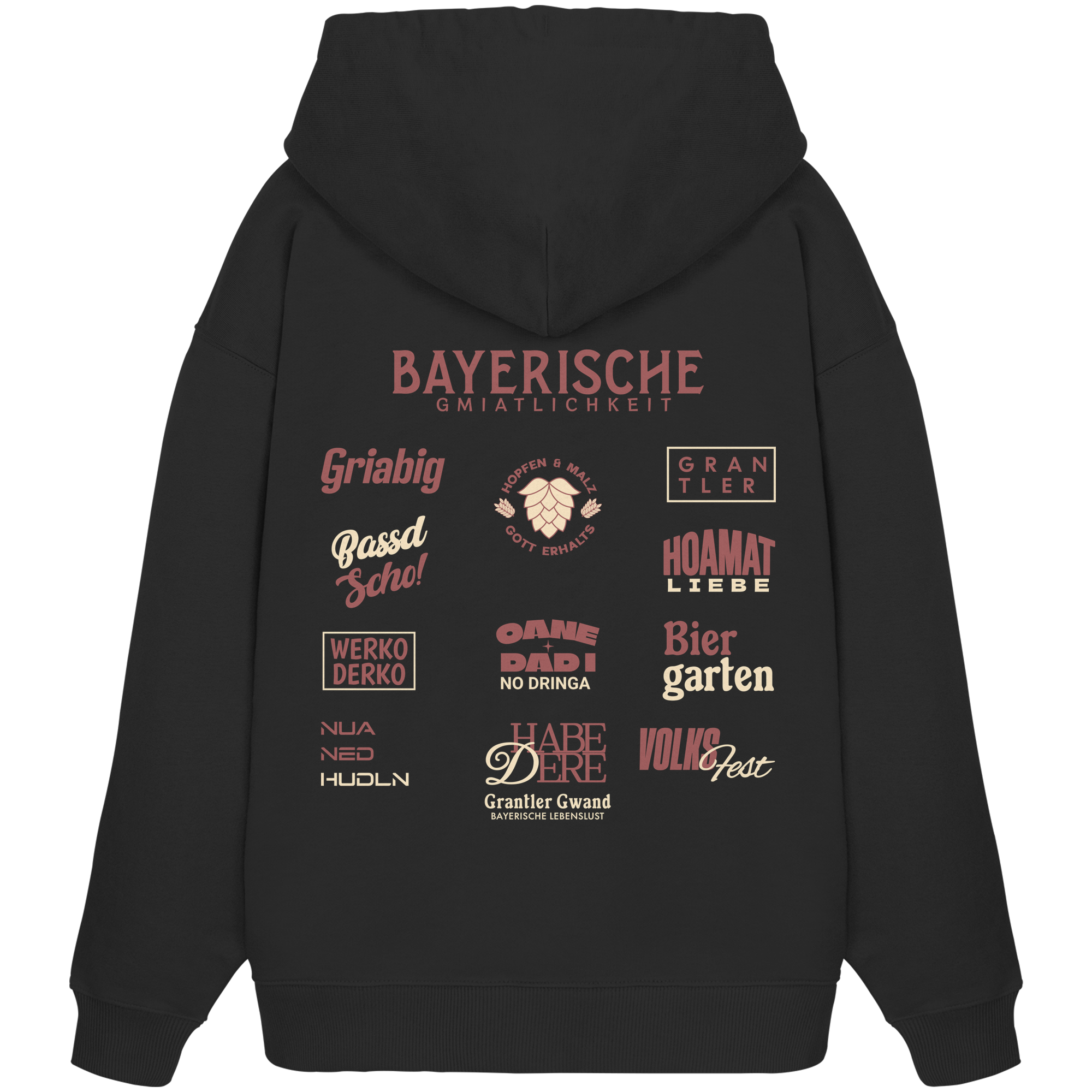 Schwarzer Oversize-Hoodie mit großem rotem Backprint „Bayerische Gmiatlichkeit“ und typischen bayerischen Begriffen wie Hoamatliebe, Biergarten, Volksfest, Grantler, Hopfen & Malz und Griabig. Unisex Premium-Hoodie aus Bio-Baumwolle im modernen Streetwear-Style. Designed und bedruckt in Bayern von Grantler Gwand.