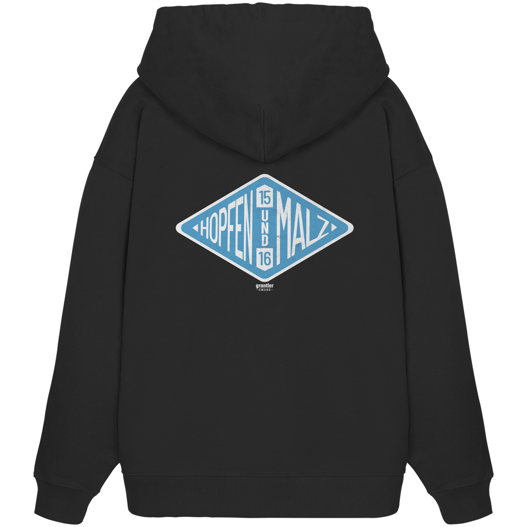 Schwarzer Oversize Hoodie mit hellblauem „Hopfen & Malz“-Backprint im Vintage-Stil und modernem bayerischen Streetwear-Design.