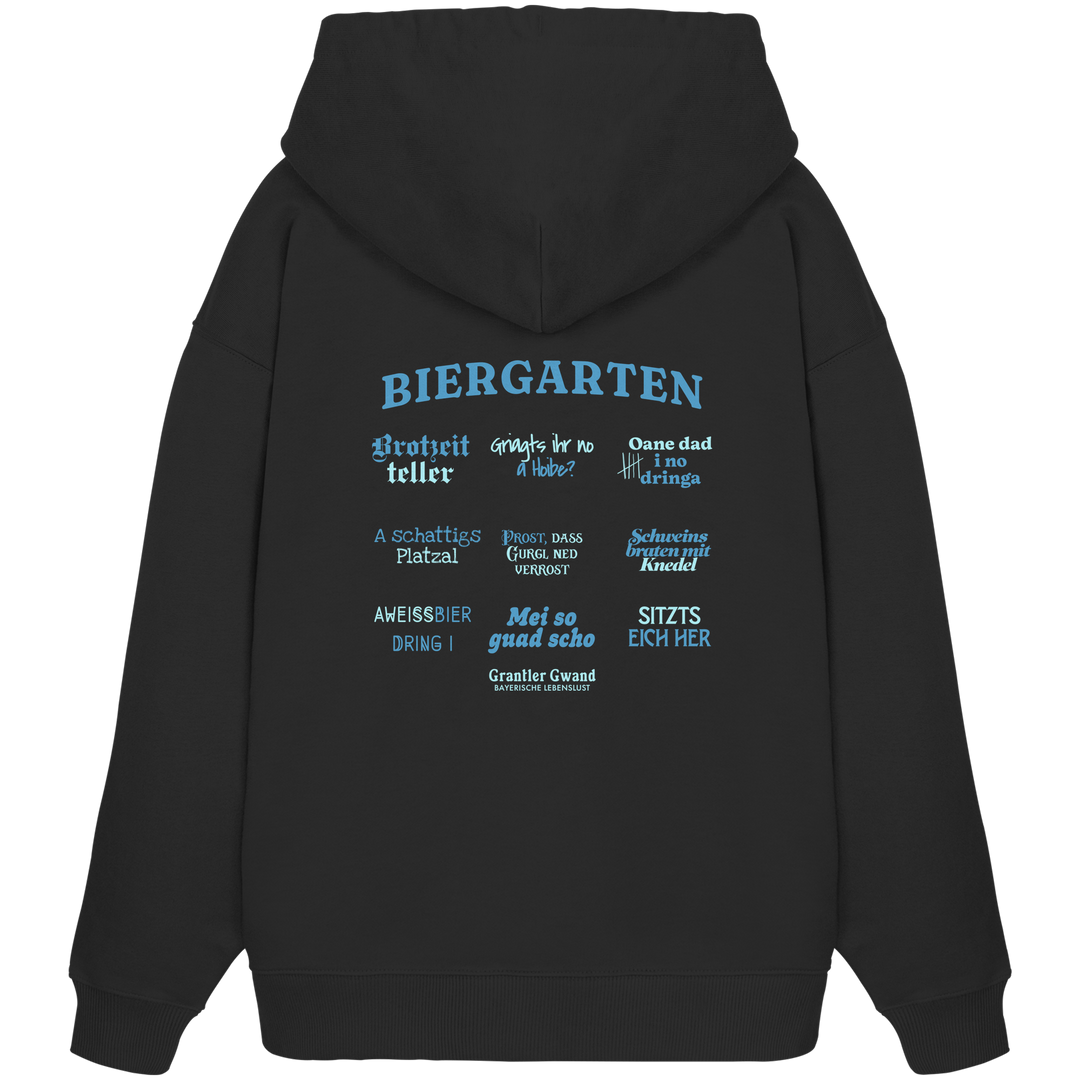 Schwarzer, schwerer Oversize Hoodie mit blau-grünem „Biergarten“-Rückendruck im Retro-Design – hochwertiger  Hoodie von Grantler Gwand.