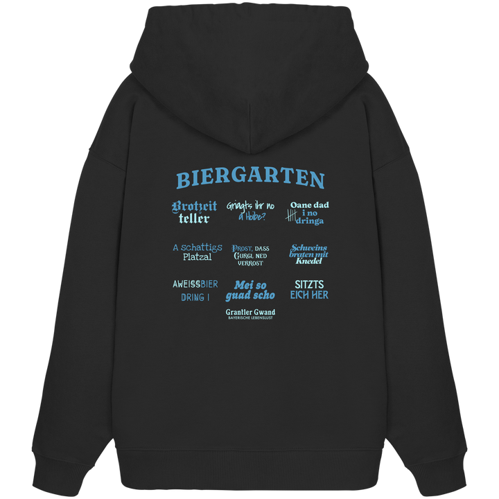 Schwarzer, schwerer Oversize Hoodie mit blau-grünem „Biergarten“-Rückendruck im Retro-Design – hochwertiger  Hoodie von Grantler Gwand.