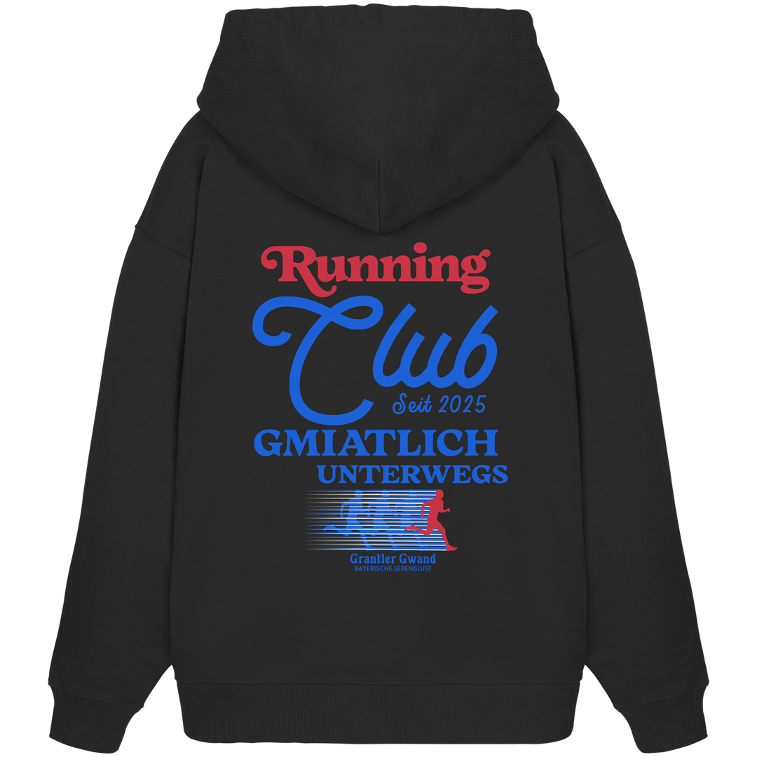 Schwarzer Oversize Hoodie in schwerer Qualität mit großem Running Club Backprint im Retro-Design in Blau und Rot – hochwertiger Bio-Baumwoll Hoodie mit bayerischem Streetwear-Look von Grantler Gwand.