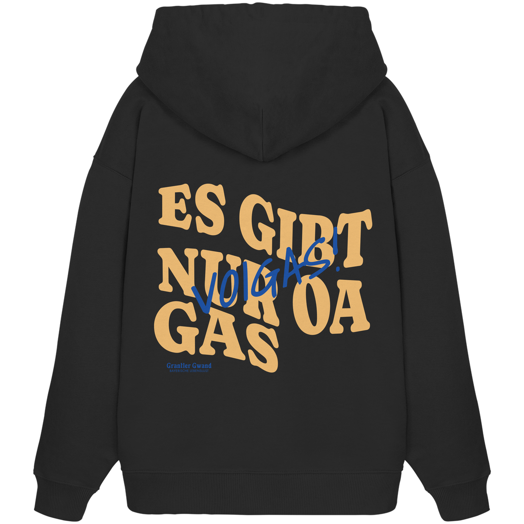 Schwarzer Oversize Hoodie mit großem Backprint und dem bayerischen Spruch „Es gibt nur oa Gas“ im modernen Typografie-Design von Grantler Gwand.
