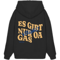 Schwarzer Oversize Hoodie mit großem Backprint und dem bayerischen Spruch „Es gibt nur oa Gas“ im modernen Typografie-Design von Grantler Gwand.