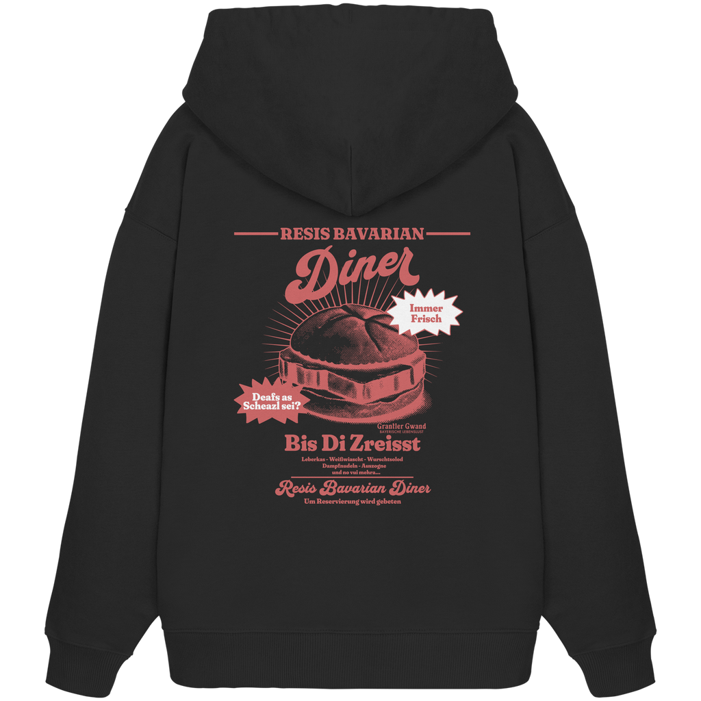 Schwarzer Oversize Hoodie mit rotem Backprint „Resis Bavarian Diner“ – bayerischer Streetwear Hoodie mit Leberkässemmel im Retro-Diner-Design und Vintage-Print von Grantler Gwand.