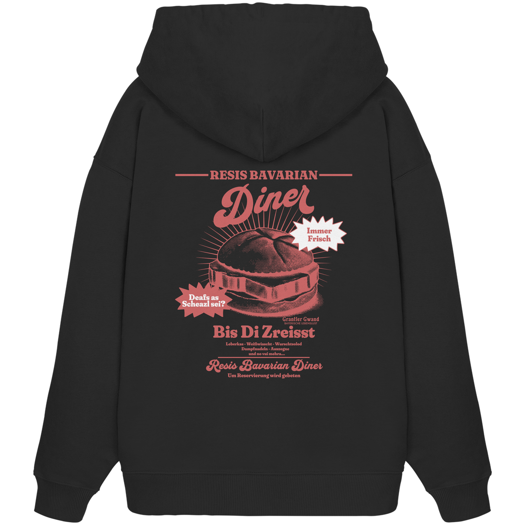 Schwarzer Oversize Hoodie mit rotem Backprint „Resis Bavarian Diner“ – bayerischer Streetwear Hoodie mit Leberkässemmel im Retro-Diner-Design und Vintage-Print von Grantler Gwand.