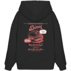 Schwarzer Oversize Hoodie mit rotem Backprint „Resis Bavarian Diner“ – bayerischer Streetwear Hoodie mit Leberkässemmel im Retro-Diner-Design und Vintage-Print von Grantler Gwand.