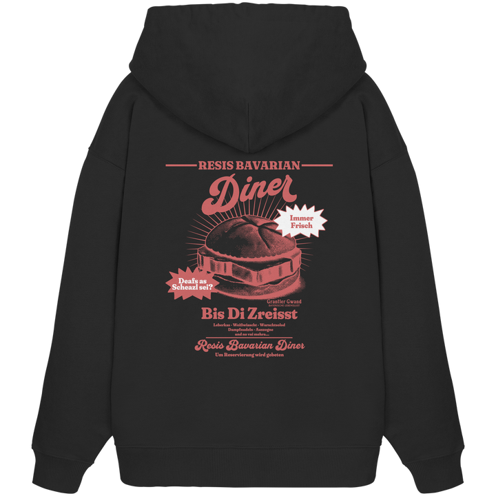 Schwarzer Oversize Hoodie mit rotem Backprint „Resis Bavarian Diner“ – bayerischer Streetwear Hoodie mit Leberkässemmel im Retro-Diner-Design und Vintage-Print von Grantler Gwand.