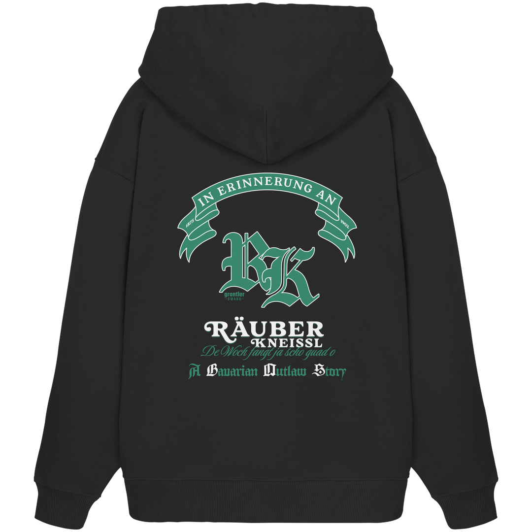 Schwarzer Oversize Hoodie mit großem Räuber-Kneißl-Backprint im Vintage-Stil und modernem bayerischen Streetwear-Design.