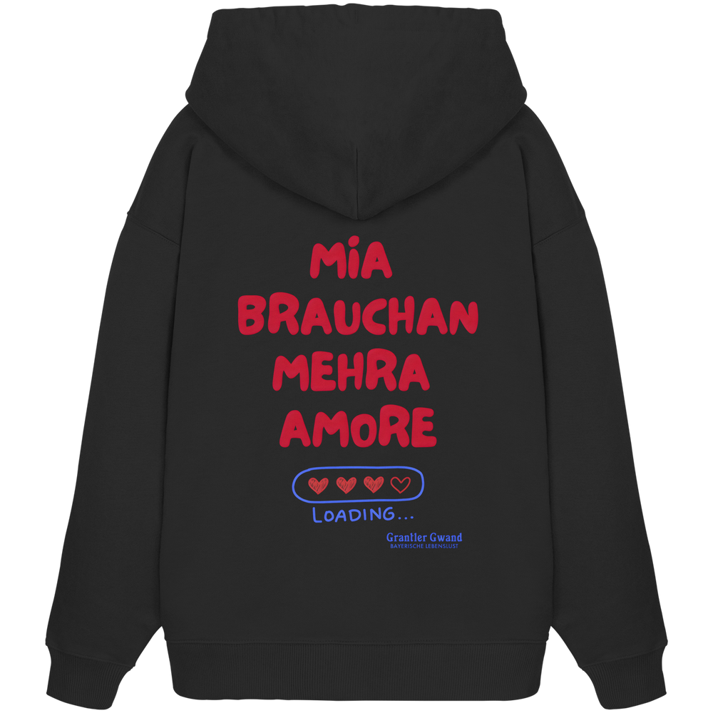 Schwarzer Oversize Hoodie mit großem Backprint "Mia brauchan mehra Amore" und Herz-Ladebalken im bayerischen Streetwear-Design von Grantler Gwand.
