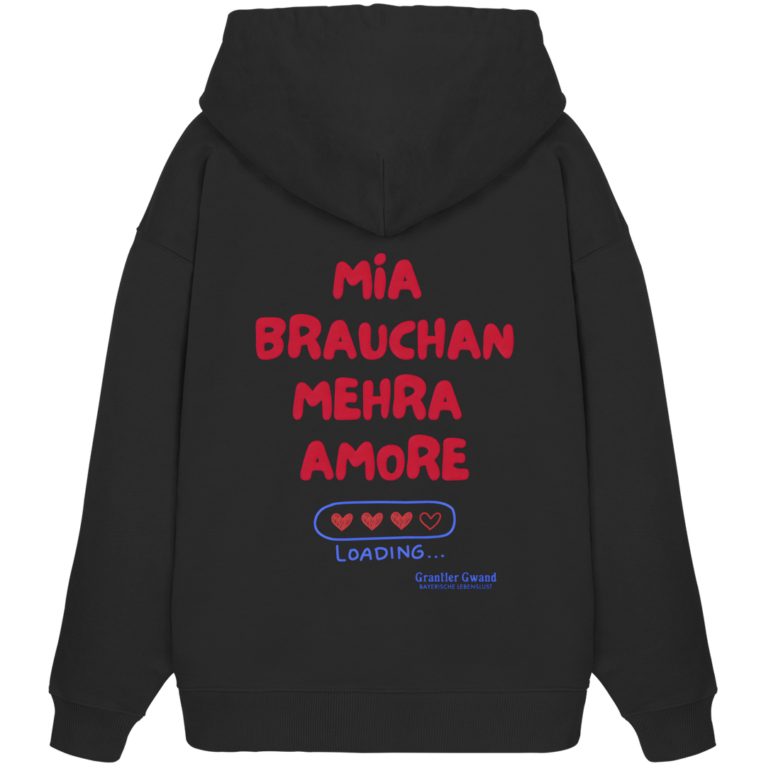 Schwarzer Oversize Hoodie mit großem Backprint "Mia brauchan mehra Amore" und Herz-Ladebalken im bayerischen Streetwear-Design von Grantler Gwand.