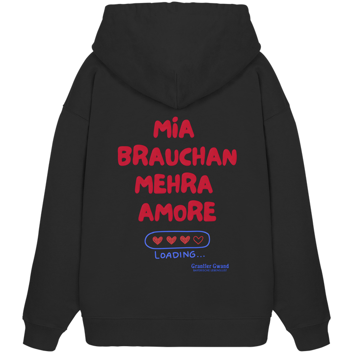 Schwarzer Oversize Hoodie mit großem Backprint "Mia brauchan mehra Amore" und Herz-Ladebalken im bayerischen Streetwear-Design von Grantler Gwand.