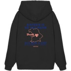 Schwarzer Oversize Hoodie von Grantler Gwand mit blauem Backprint „Bayern is so vui mehr als nur a Ort“, Herzsymbol und Bayern-Silhouette – bayerischer Streetwear Hoodie.
