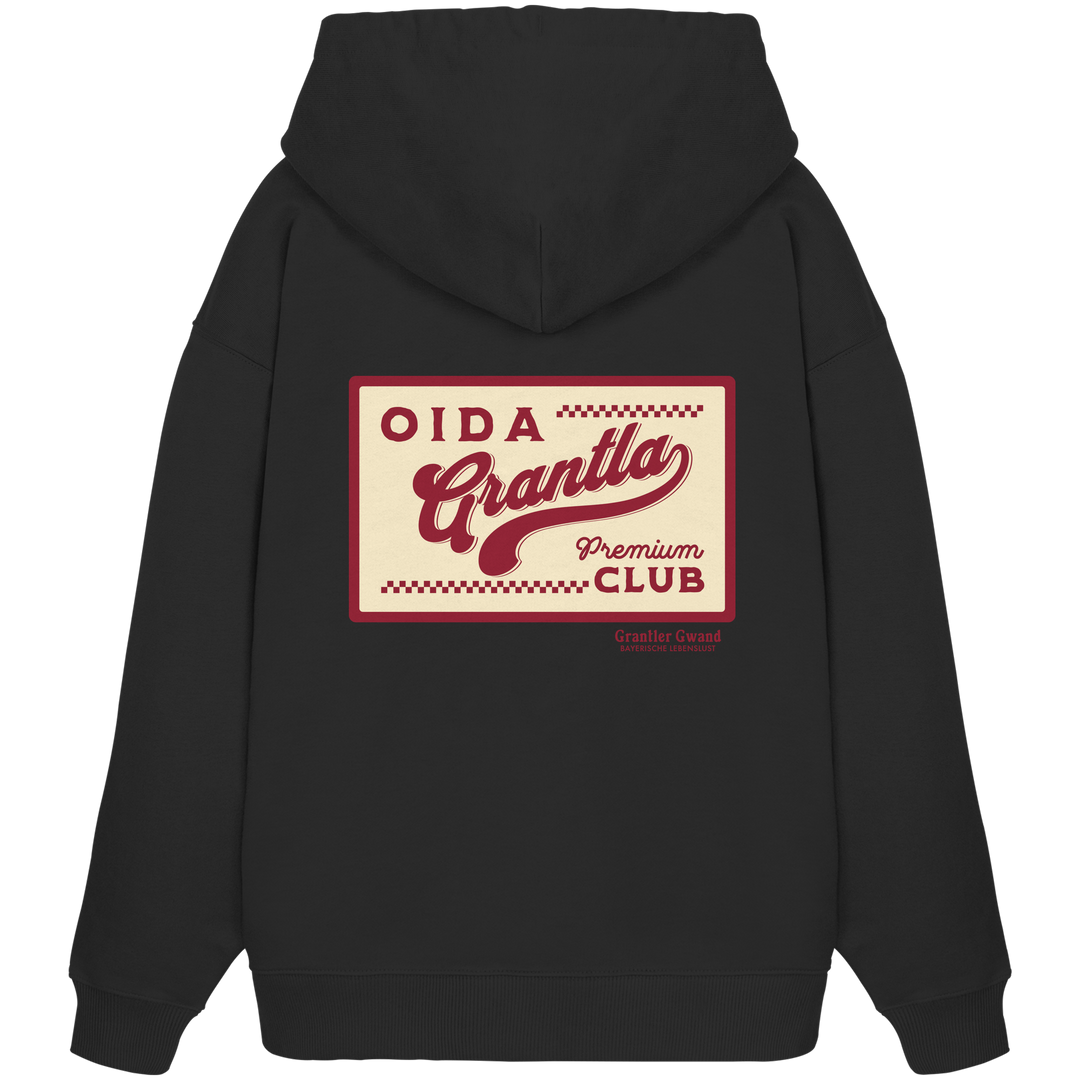 Schwarzer Oversize Hoodie mit großem Retro-Backprint "Oida Grantla Premium Club" im Vintage-Stil. Bayerischer Streetwear Hoodie von Grantler Gwand.