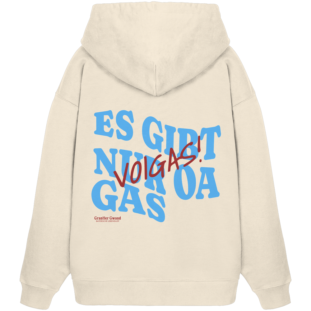 Weißer Oversize Hoodie mit großem Backprint und dem bayerischen Spruch „Es gibt nur oa Gas“ im modernen Typografie-Design von Grantler Gwand.