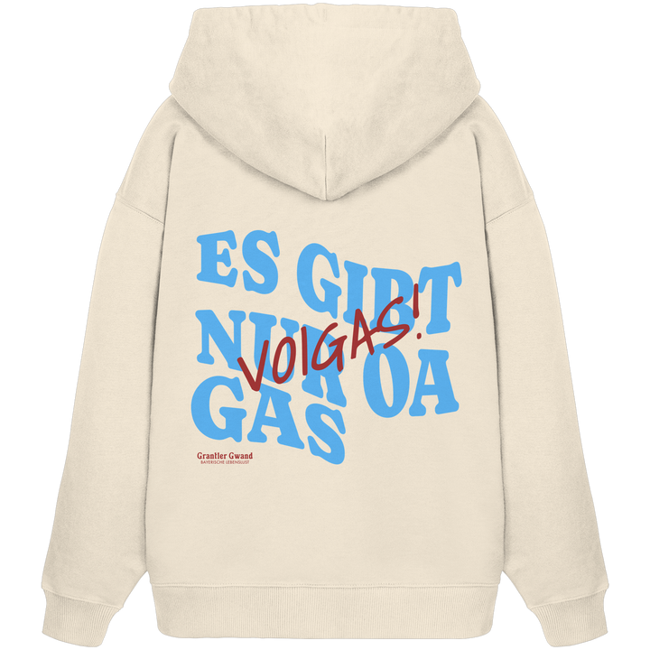 Weißer Oversize Hoodie mit großem Backprint und dem bayerischen Spruch „Es gibt nur oa Gas“ im modernen Typografie-Design von Grantler Gwand.