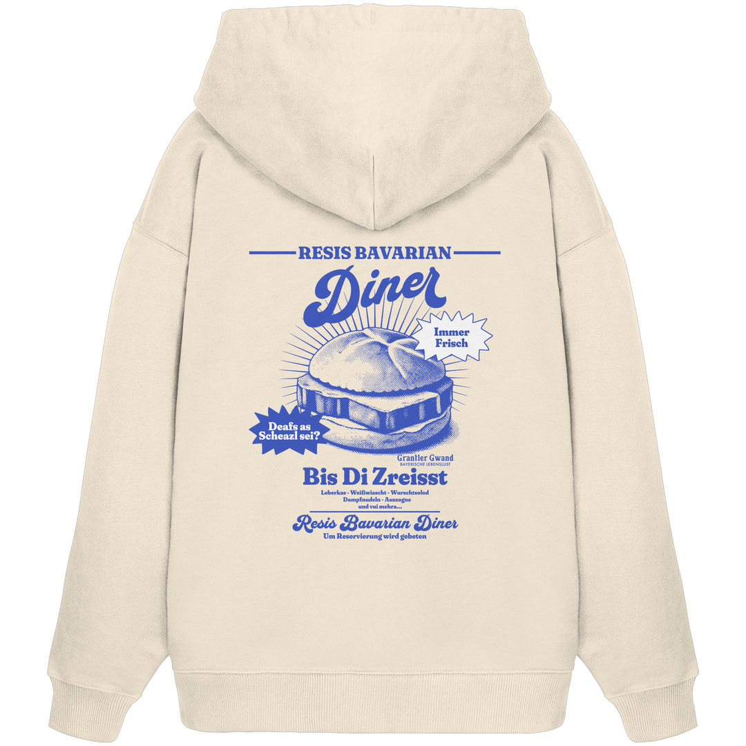 Cremefarbener Oversize Hoodie mit Backprint „Resis Bavarian Diner“ – bayerischer Streetwear Hoodie mit Leberkässemmel im Retro-Diner-Design und Vintage-Print von Grantler Gwand.