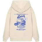 Cremefarbener Oversize Hoodie mit Backprint „Resis Bavarian Diner“ – bayerischer Streetwear Hoodie mit Leberkässemmel im Retro-Diner-Design und Vintage-Print von Grantler Gwand.