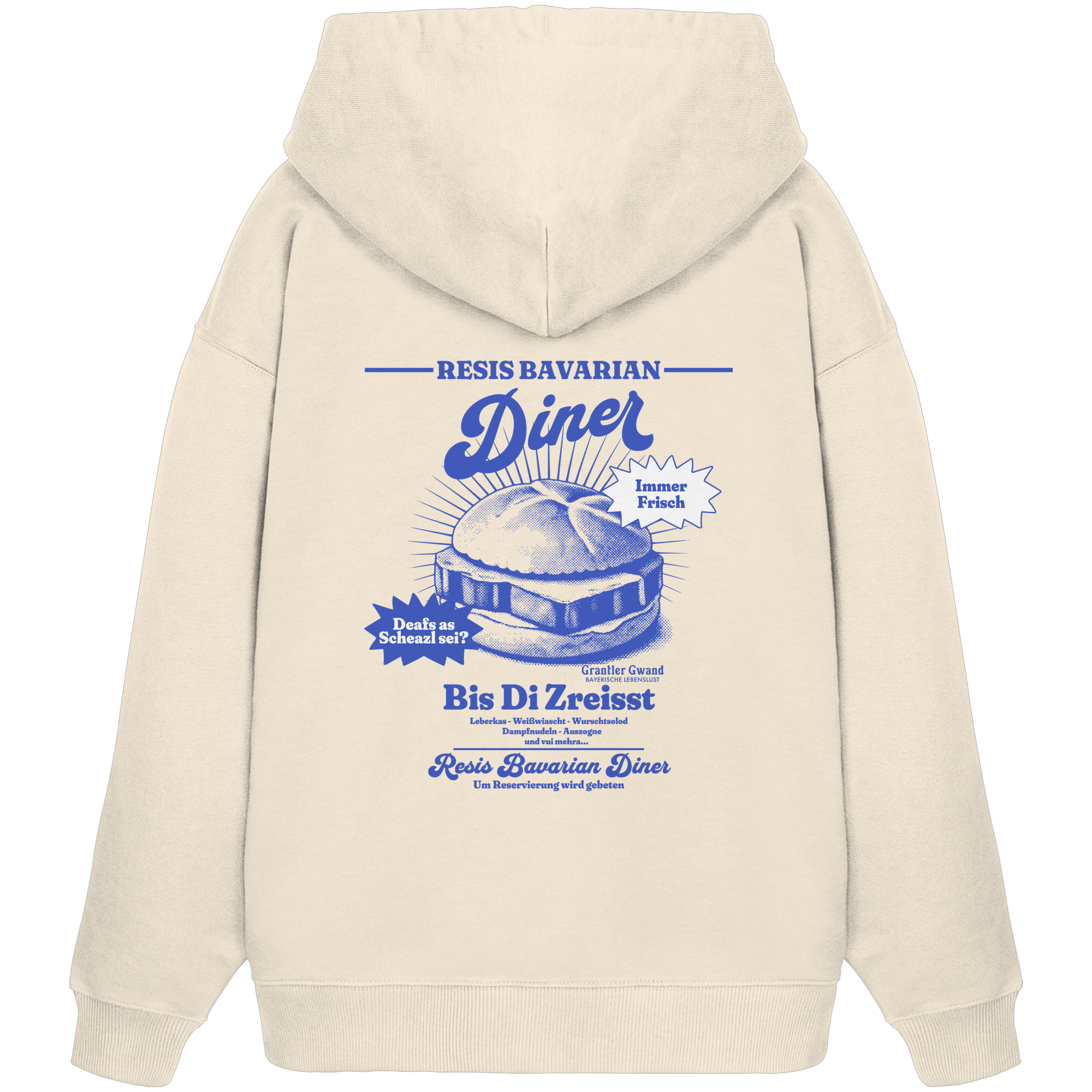 Cremefarbener Oversize Hoodie mit Backprint „Resis Bavarian Diner“ – bayerischer Streetwear Hoodie mit Leberkässemmel im Retro-Diner-Design und Vintage-Print von Grantler Gwand.