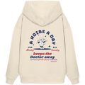 Naturfarbener Oversize Hoodie mit großem Backprint „A Hoibe A Day keeps the Doctor away“, Bierkrug-Motiv sowie den Schriftzügen „Von Mondog bis Sunndog“ von Grantler Gwand.