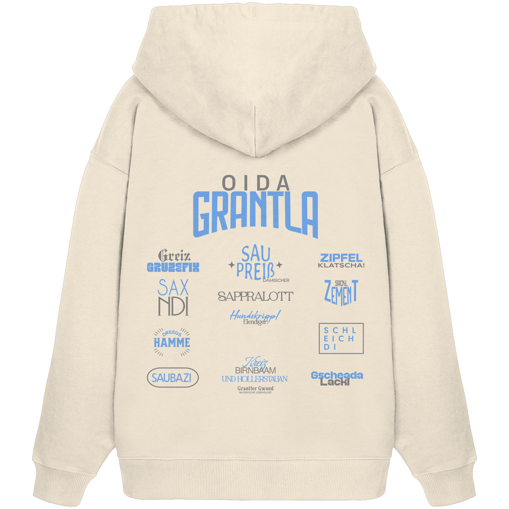 Naturfarbener Oversize Hoodie mit großem Backprint „Oida Grantla“ und verschiedenen bayerischen Dialektbegriffen wie Saupreis, Sapperlott, Saxndi, Schleich di und Saubazi von Grantler Gwand.
