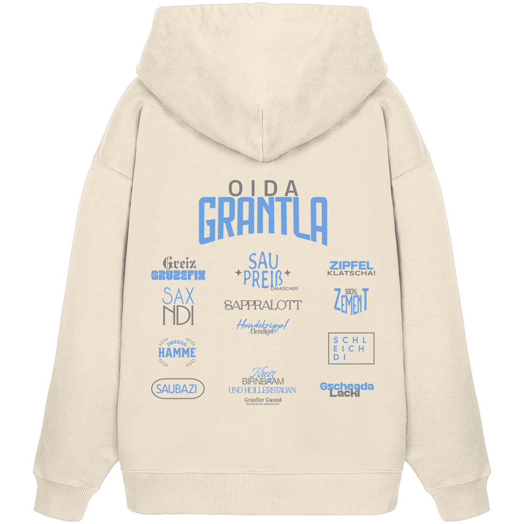 Naturfarbener Oversize Hoodie mit großem Backprint „Oida Grantla“ und verschiedenen bayerischen Dialektbegriffen wie Saupreis, Sapperlott, Saxndi, Schleich di und Saubazi von Grantler Gwand.