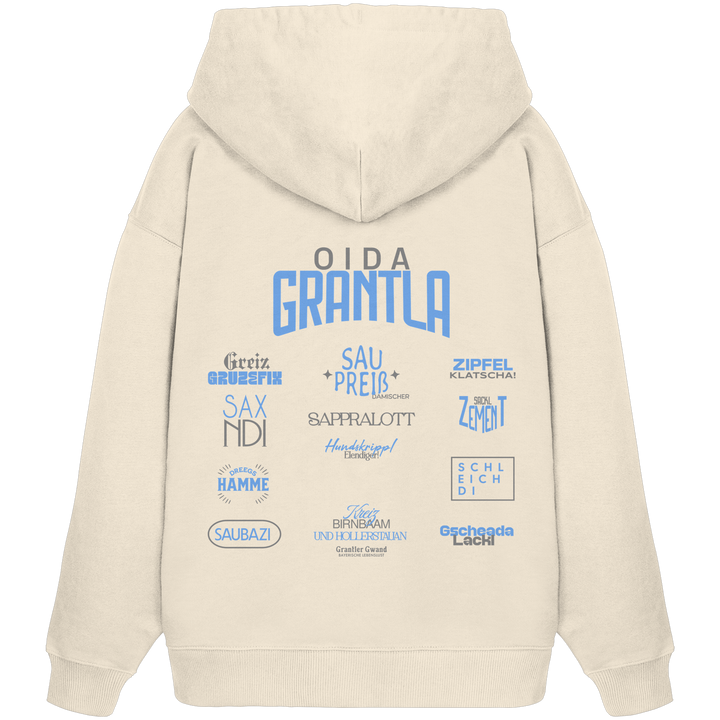 Naturfarbener Oversize Hoodie mit großem Backprint „Oida Grantla“ und verschiedenen bayerischen Dialektbegriffen wie Saupreis, Sapperlott, Saxndi, Schleich di und Saubazi von Grantler Gwand.