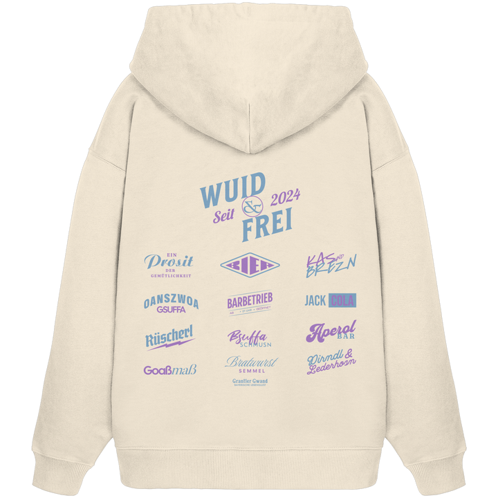Naturfarbener Oversize Hoodie mit großem Backprint „Wuid &amp; Frei“ sowie verschiedenen bayerischen Begriffen wie Prosit der Gemütlichkeit, Oanszwoa Gsuffa, Jack Cola, Aperol Bar und Dirndl &amp; Lederhosn von Grantler Gwand.