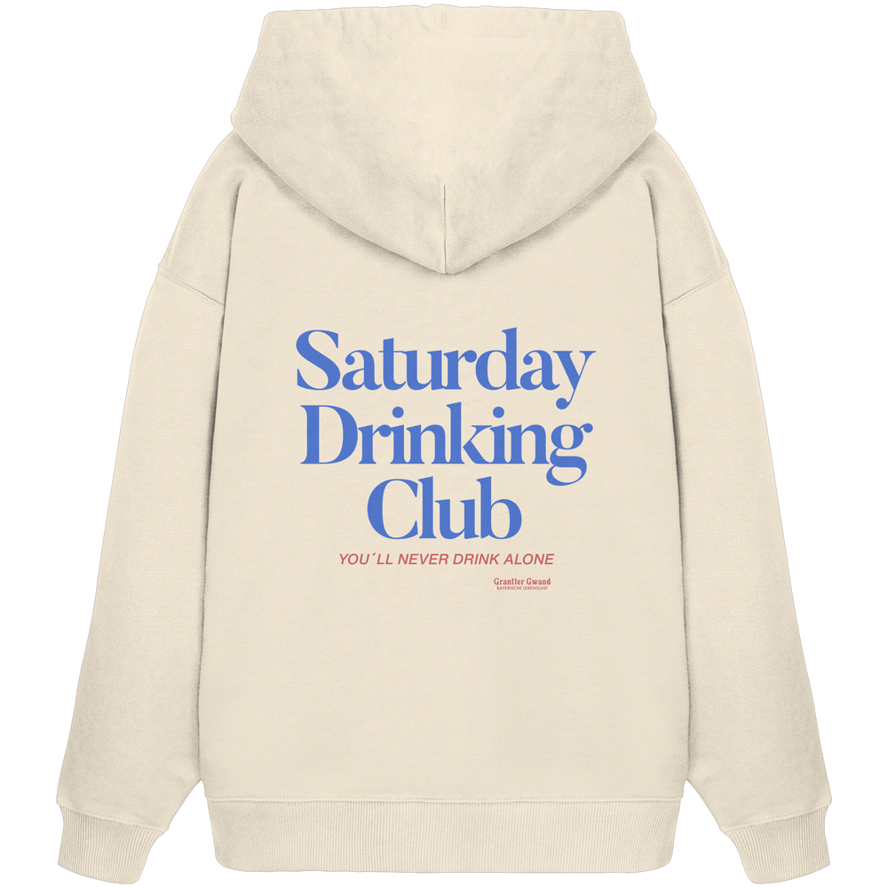 Naturfarbener Oversize Hoodie mit großem Backprint „Saturday Drinking Club“ und dem Schriftzug „You'll Never Drink Alone“ von Grantler Gwand.