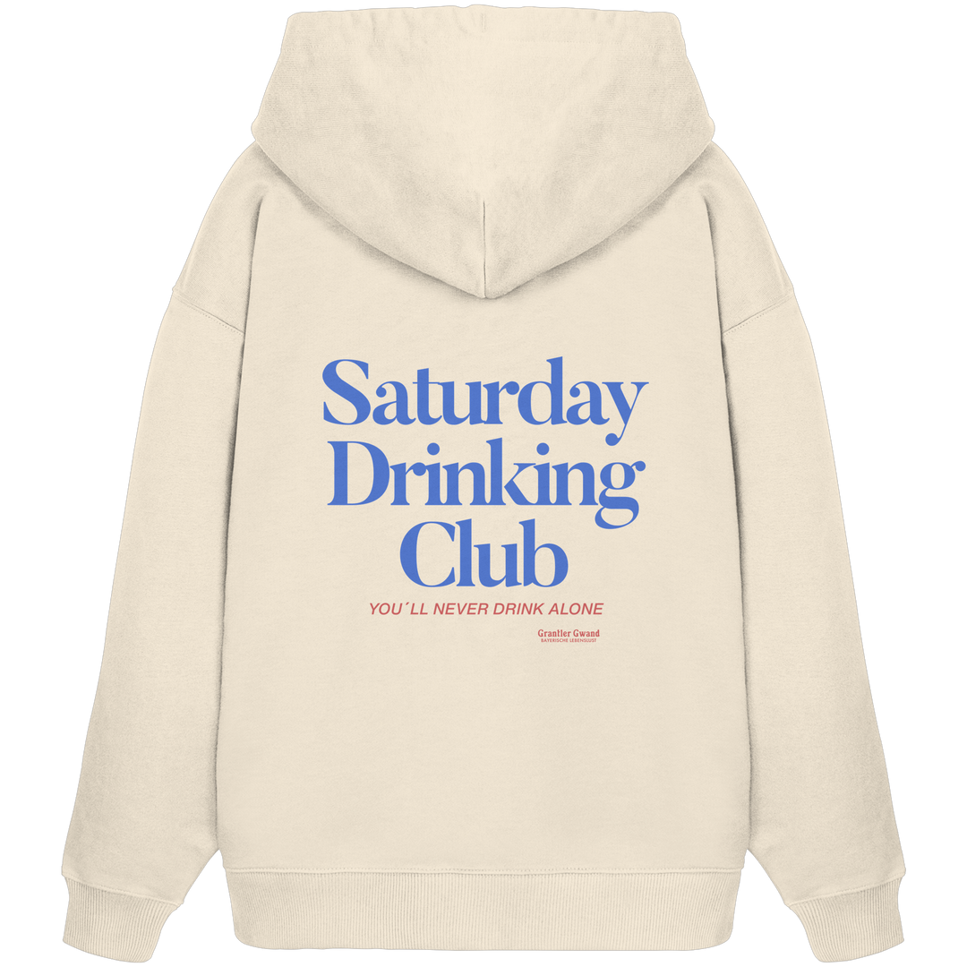 Naturfarbener Oversize Hoodie mit großem Backprint „Saturday Drinking Club“ und dem Schriftzug „You&