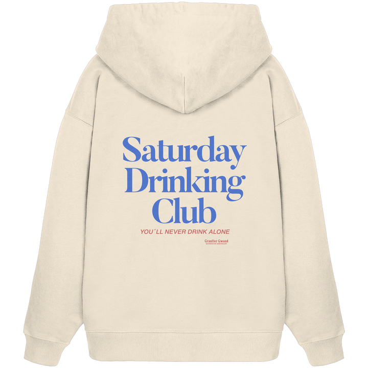 Naturfarbener Oversize Hoodie mit großem Backprint „Saturday Drinking Club“ und dem Schriftzug „You&