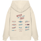 Naturfarbener Oversize Hoodie mit großem Backprint „Wuid & Frei“ sowie verschiedenen bayerischen Begriffen wie Prosit der Gemütlichkeit, Oanszwoa Gsuffa, Jack Cola, Aperol Bar und Dirndl & Lederhosn von Grantler Gwand.