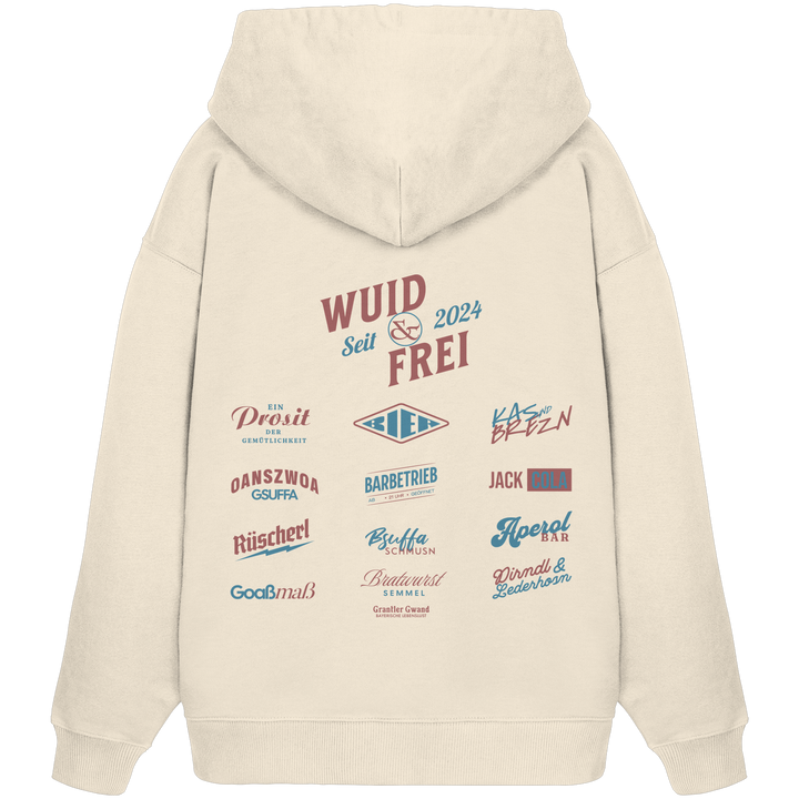 Naturfarbener Oversize Hoodie mit großem Backprint „Wuid &amp; Frei“ sowie verschiedenen bayerischen Begriffen wie Prosit der Gemütlichkeit, Oanszwoa Gsuffa, Jack Cola, Aperol Bar und Dirndl &amp; Lederhosn von Grantler Gwand.