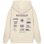 Beiger Oversize Hoodie mit großem lila Backprint „Bayerische Gmiatlichkeit“ und bayerischen Begriffen wie Hoamatliebe, Biergarten, Volksfest, Grantler, Hopfen & Malz und Griabig. Unisex Premium-Hoodie aus Bio-Baumwolle im modernen Streetwear-Style. Designed und bedruckt in Bayern von Grantler Gwand.