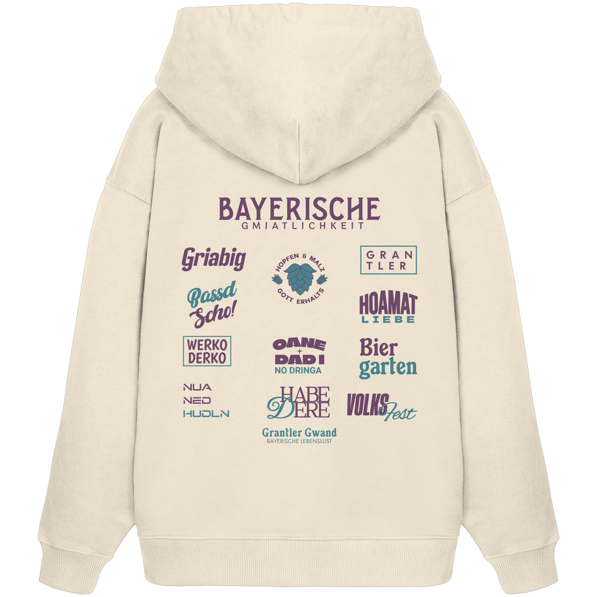 Beiger Oversize Hoodie mit großem lila Backprint „Bayerische Gmiatlichkeit“ und bayerischen Begriffen wie Hoamatliebe, Biergarten, Volksfest, Grantler, Hopfen & Malz und Griabig. Unisex Premium-Hoodie aus Bio-Baumwolle im modernen Streetwear-Style. Designed und bedruckt in Bayern von Grantler Gwand.