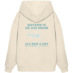 Cremefarbener Oversize Hoodie in schwerer Qualität von Grantler Gwand mit grünem Backprint „Bayern im Herzen“ und Bayern-Silhouette – bayerischer Streetwear Hoodie im Oversize-Schnitt.