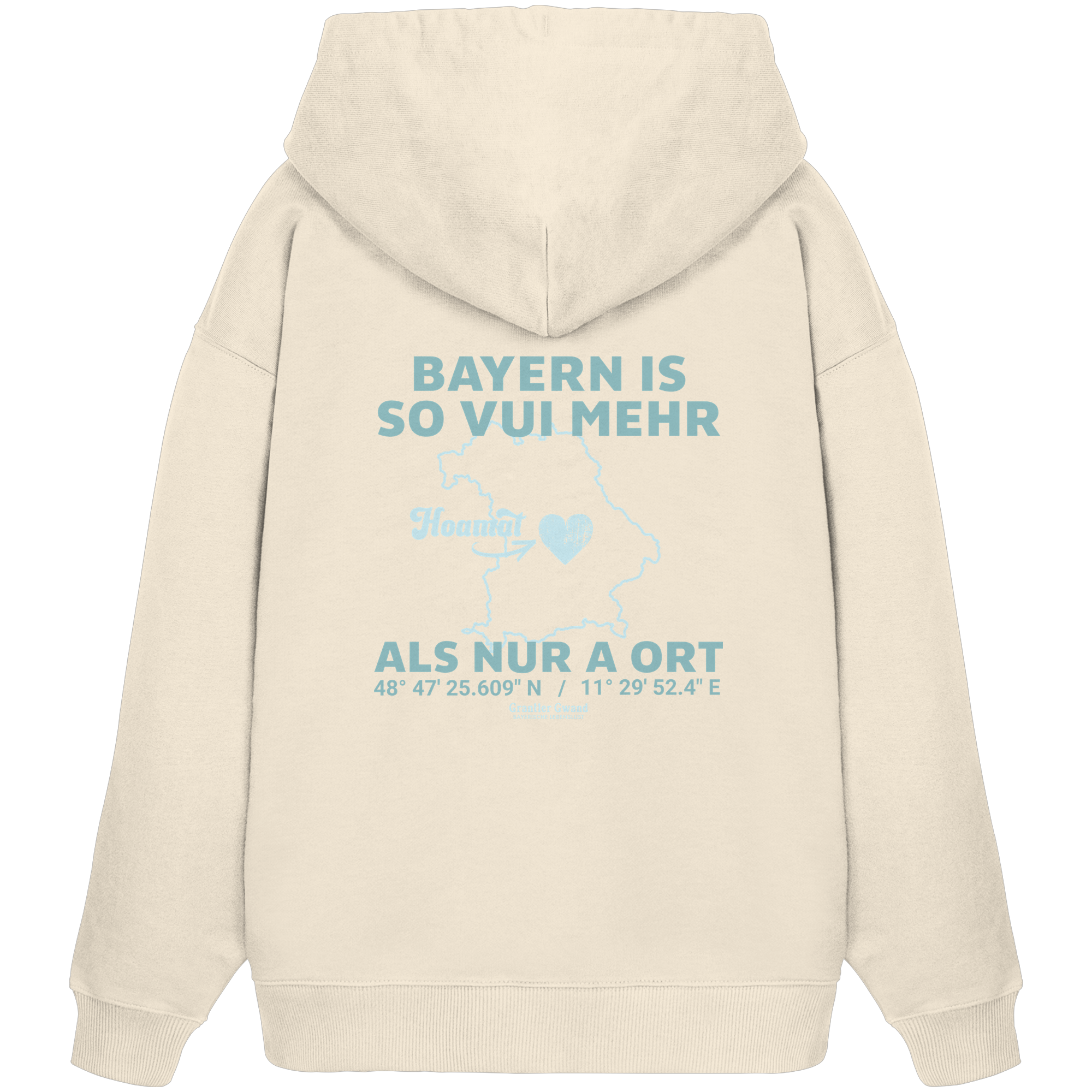 Cremefarbener Oversize Hoodie in schwerer Qualität von Grantler Gwand mit grünem Backprint „Bayern im Herzen“ und Bayern-Silhouette – bayerischer Streetwear Hoodie im Oversize-Schnitt.