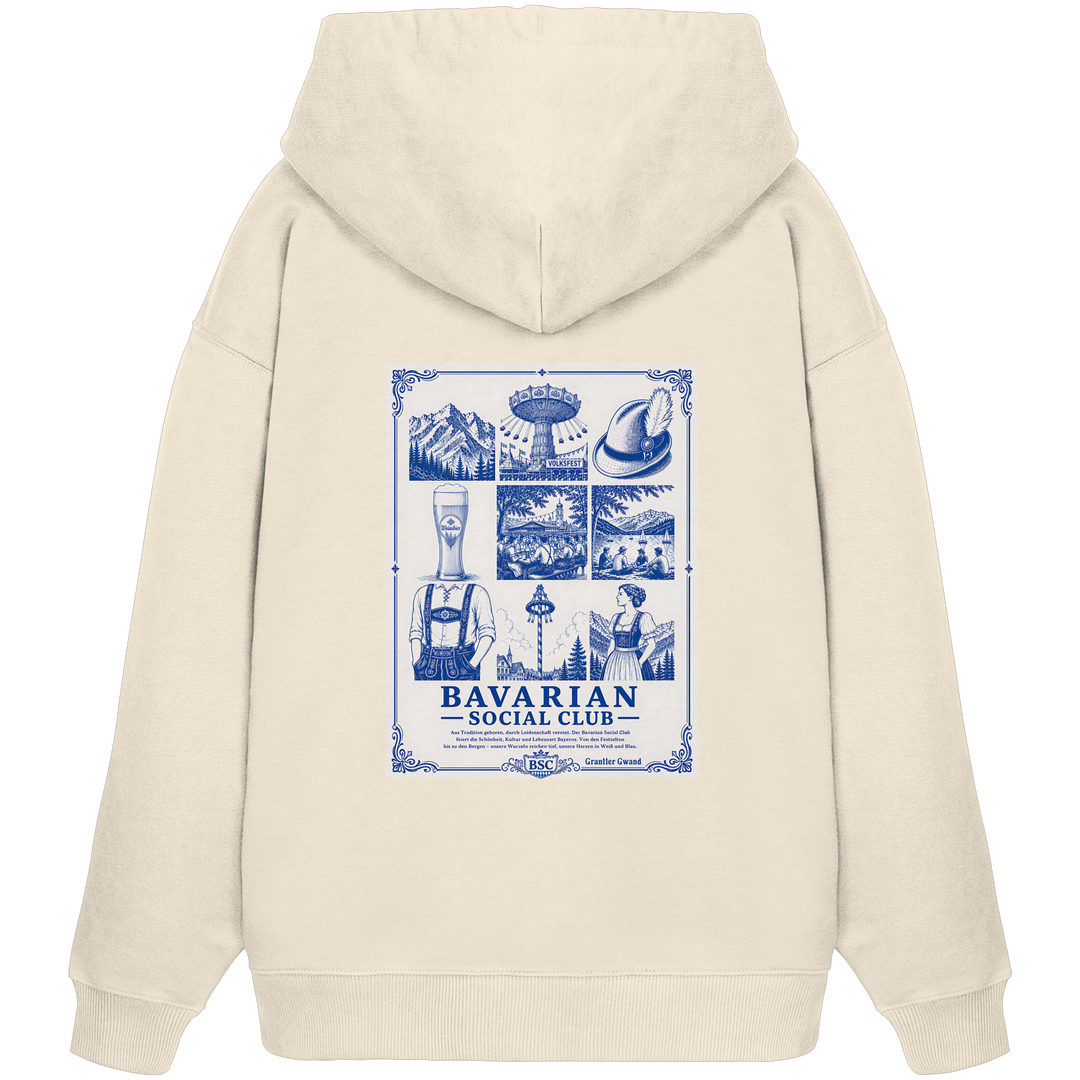 Beiger Overize Hoodie mit großem, blau/Weißem Bavarian Social Club Rückenprint im edlen Vintage - Stil von Grantler Gwand.