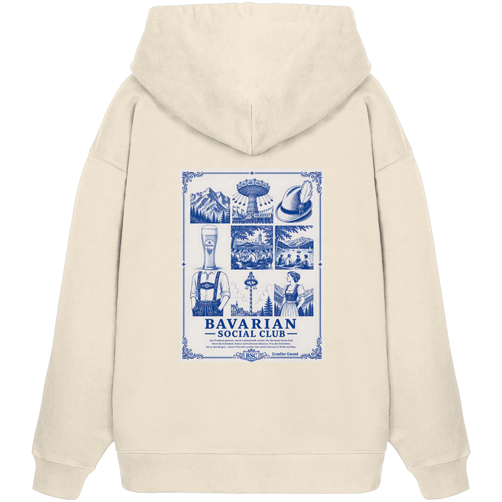 Beiger Overize Hoodie mit großem, blau/Weißem Bavarian Social Club Rückenprint im edlen Vintage - Stil von Grantler Gwand.