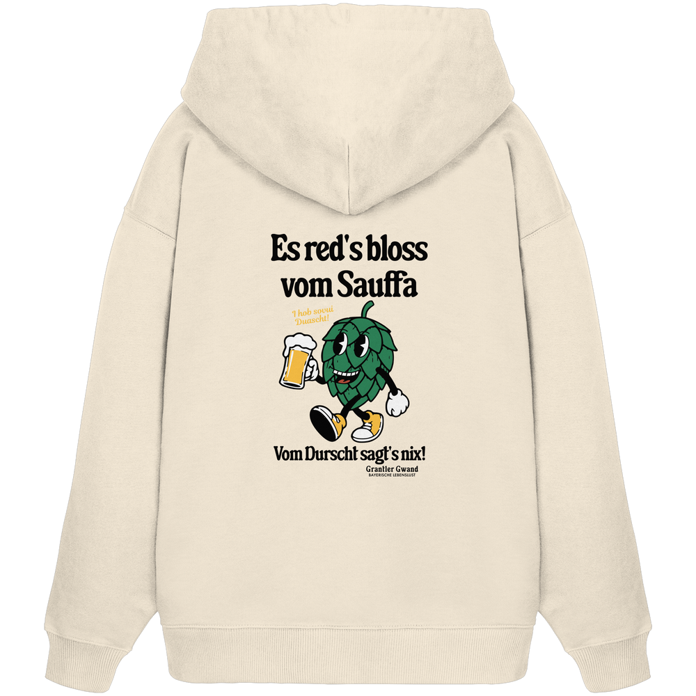 Beiger Oversize-Hoodie mit „Es red's bloß vom Sauffa“-Backprint und Hopfen-Illustration – bayerischer Statement-Hoodie im Retro-Streetwear-Look von Grantler Gwand.