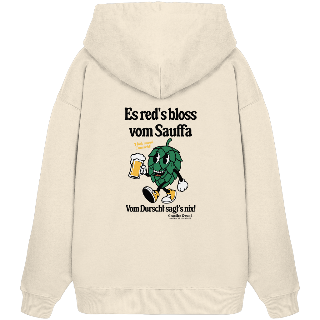 Beiger Oversize-Hoodie mit „Es red's bloß vom Sauffa“-Backprint und Hopfen-Illustration – bayerischer Statement-Hoodie im Retro-Streetwear-Look von Grantler Gwand.