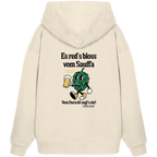 Beiger Oversize-Hoodie mit „Es red's bloß vom Sauffa“-Backprint und Hopfen-Illustration – bayerischer Statement-Hoodie im Retro-Streetwear-Look von Grantler Gwand.