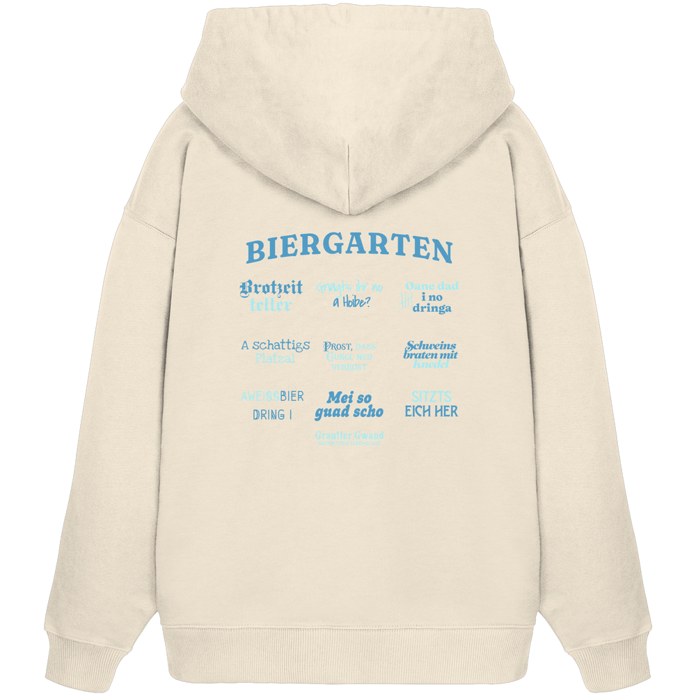 Cremefarbener, schwerer Oversize Hoodie mit blau-grünem „Biergarten“-Rückendruck im Retro-Design – hochwertiger  Hoodie von Grantler Gwand.