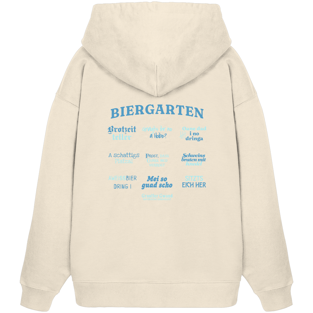 Cremefarbener, schwerer Oversize Hoodie mit blau-grünem „Biergarten“-Rückendruck im Retro-Design – hochwertiger  Hoodie von Grantler Gwand.