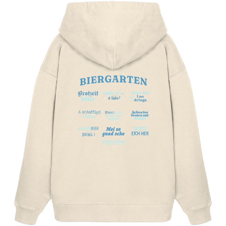 Cremefarbener, schwerer Oversize Hoodie mit blau-grünem „Biergarten“-Rückendruck im Retro-Design – hochwertiger  Hoodie von Grantler Gwand.