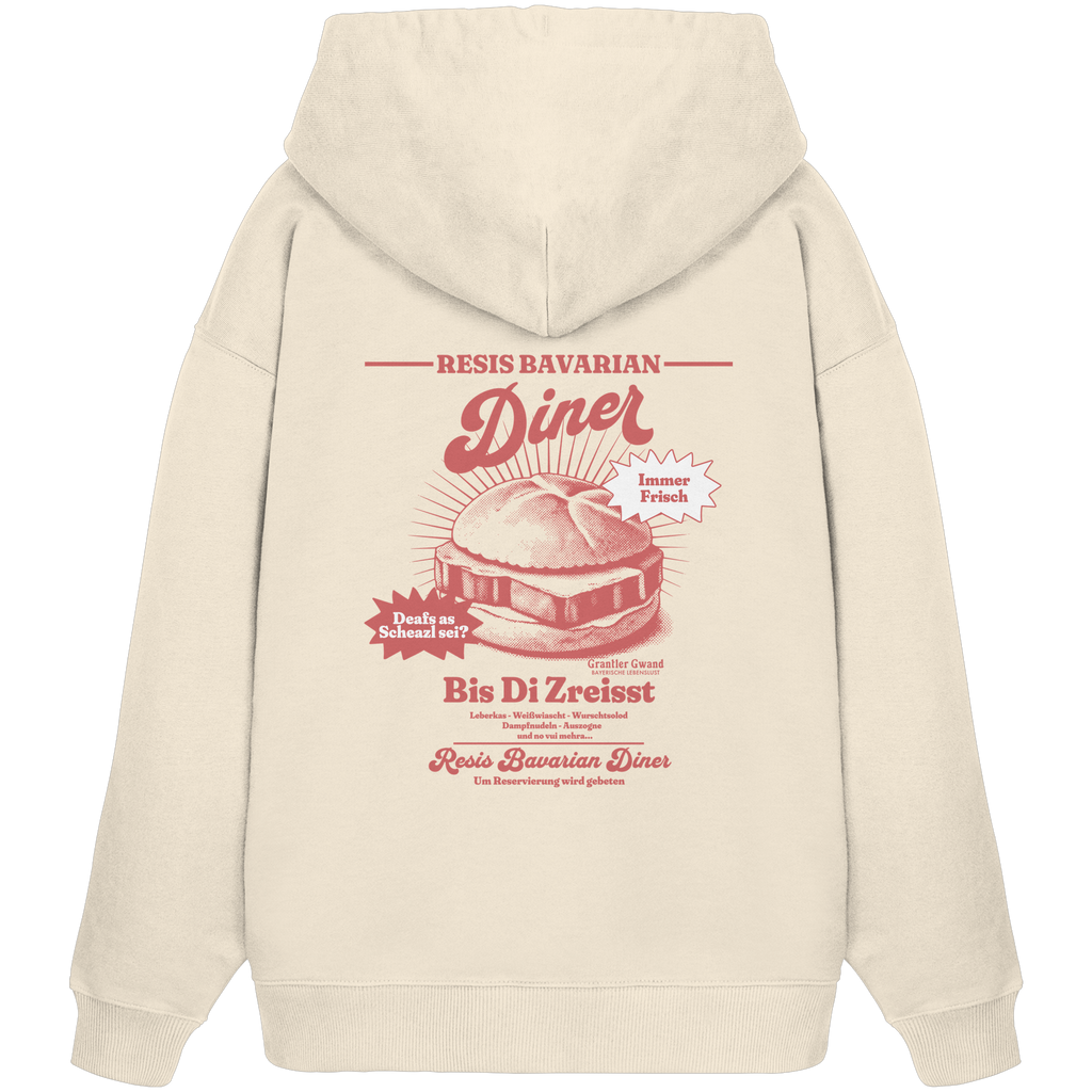 Cremefarbener Oversize Hoodie mit rotem Backprint „Resis Bavarian Diner“ – bayerischer Streetwear Hoodie mit Leberkässemmel im Retro-Diner-Design und Vintage-Print von Grantler Gwand.