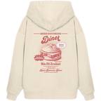 Cremefarbener Oversize Hoodie mit rotem Backprint „Resis Bavarian Diner“ – bayerischer Streetwear Hoodie mit Leberkässemmel im Retro-Diner-Design und Vintage-Print von Grantler Gwand.