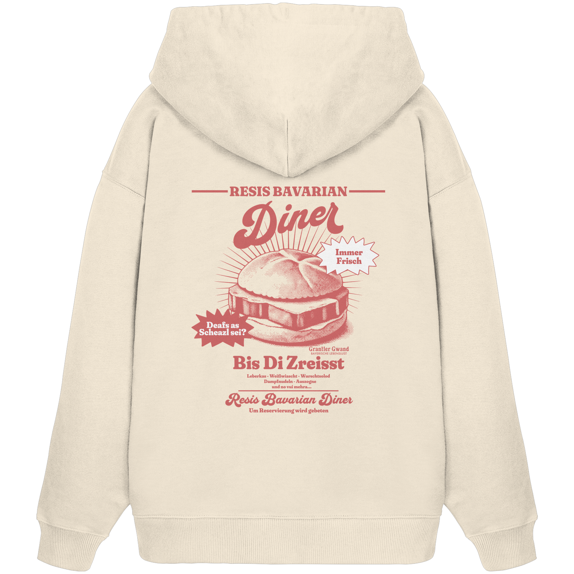 Cremefarbener Oversize Hoodie mit rotem Backprint „Resis Bavarian Diner“ – bayerischer Streetwear Hoodie mit Leberkässemmel im Retro-Diner-Design und Vintage-Print von Grantler Gwand.