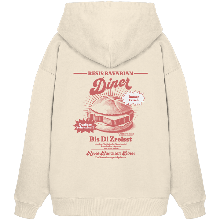 Cremefarbener Oversize Hoodie mit rotem Backprint „Resis Bavarian Diner“ – bayerischer Streetwear Hoodie mit Leberkässemmel im Retro-Diner-Design und Vintage-Print von Grantler Gwand.